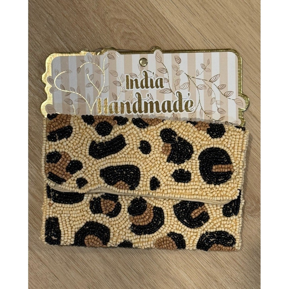 India Handmade Beaded Leopard Coin Purse Tan Black‎ Bag NWT